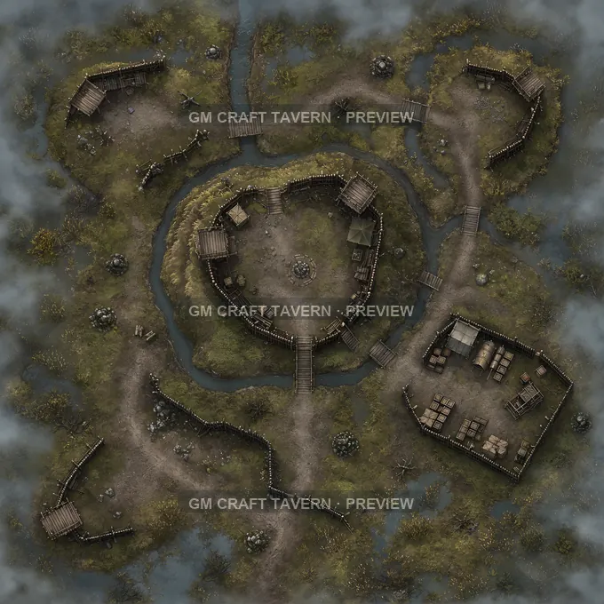 Aperçu de la battlemap Avant-poste dans une lande brumeuse avec fossés de drainage