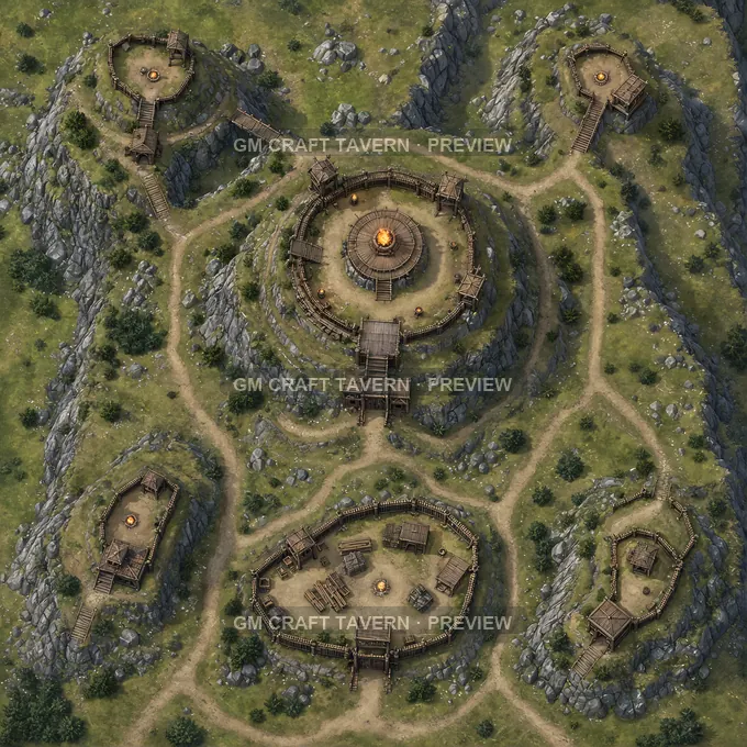 Aperçu de la battlemap Colline fortifiée intégrée à une chaîne de signaux avec terrasses pour balises