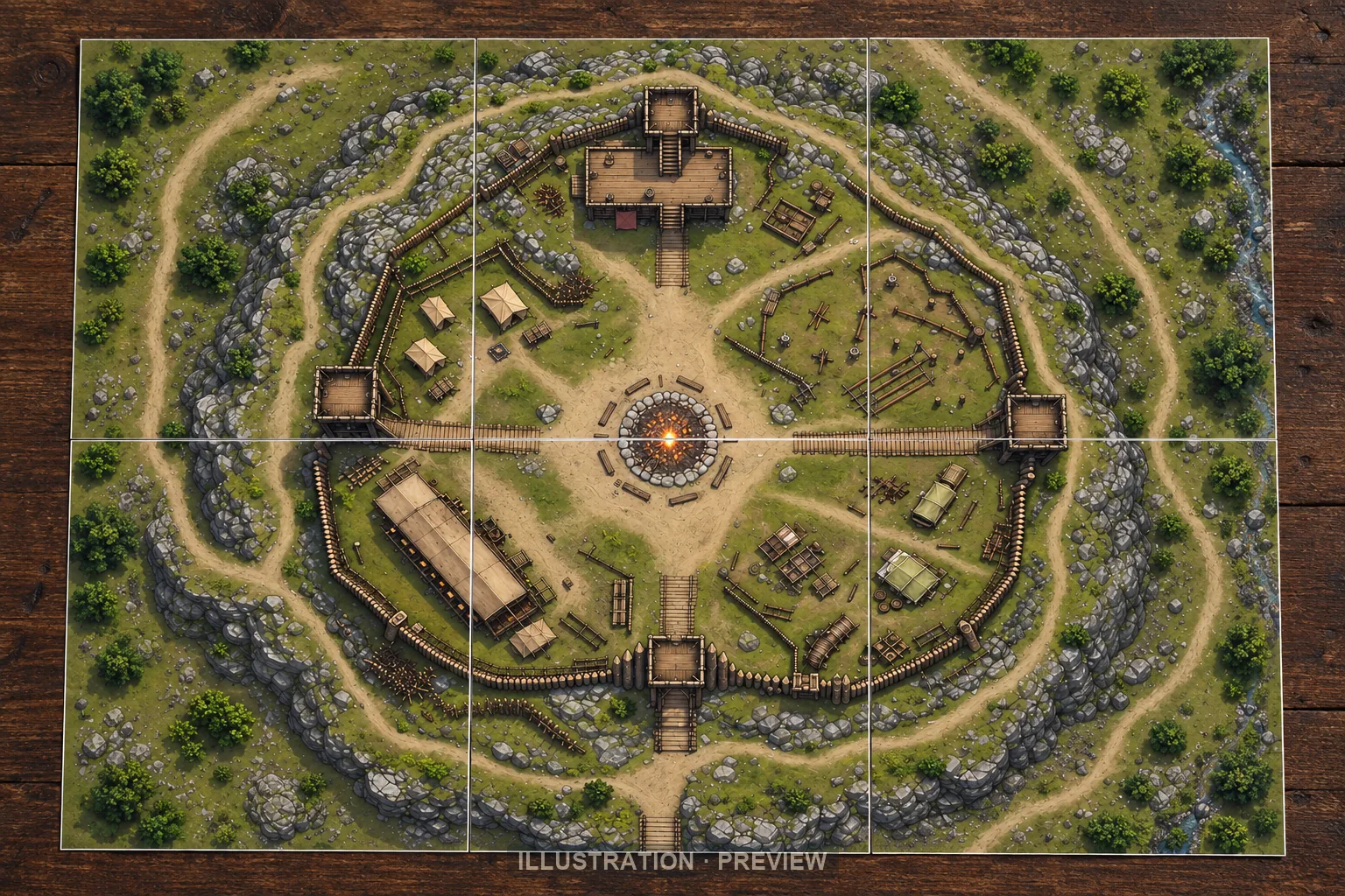 Illustration d’une battlemap disposée sur six feuilles imprimées sur une table