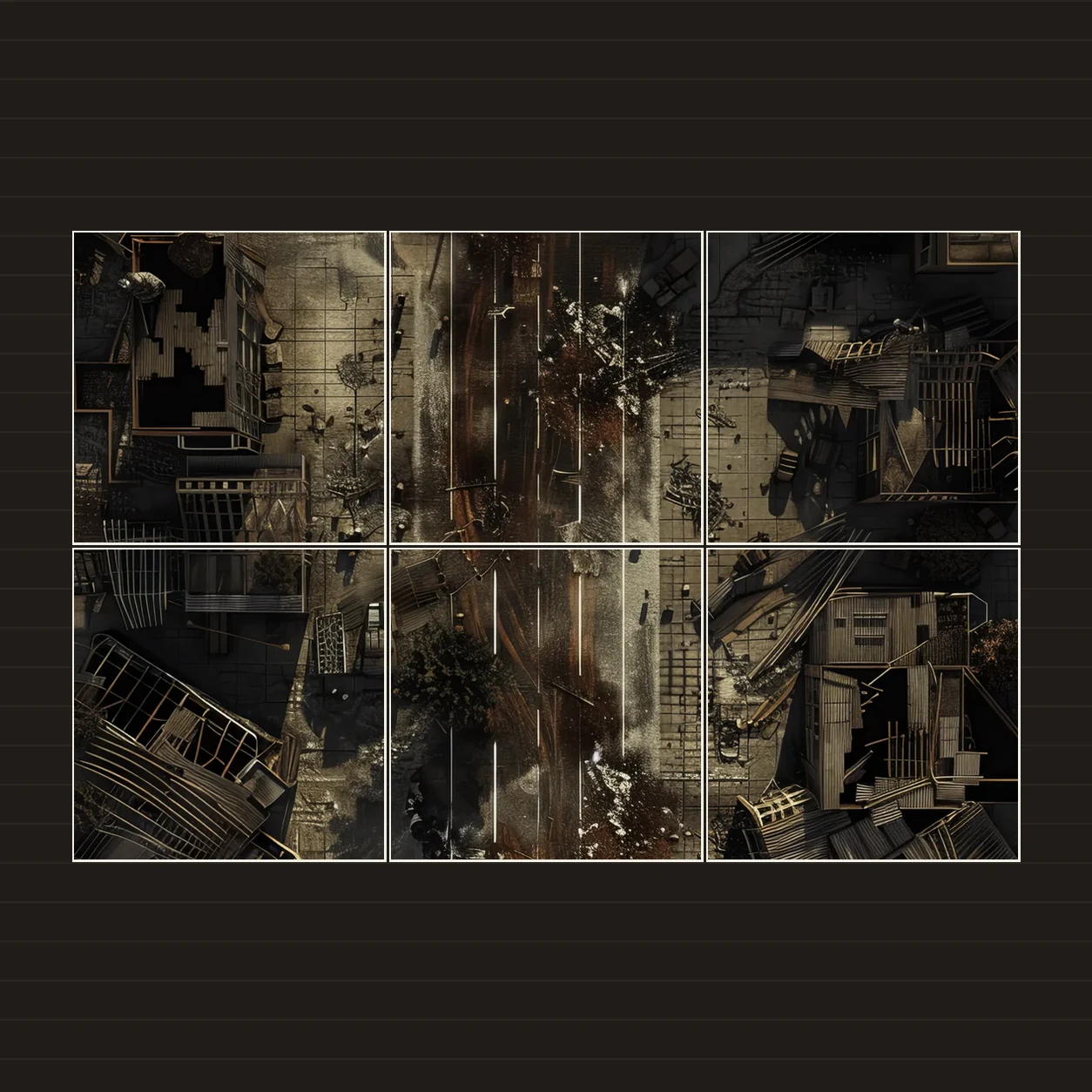 Illustration d’une battlemap disposée sur six feuilles imprimées sur une table
