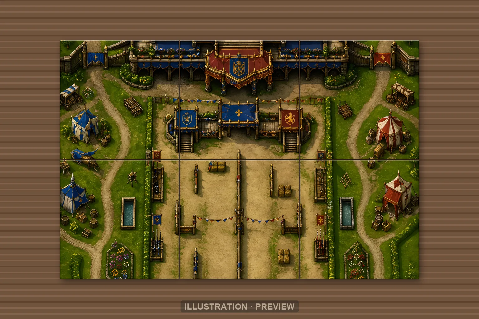 Illustration of a battlemap arranged on six printed sheets on a tabletop