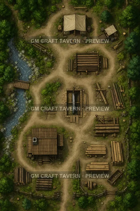 Aperçu de la battlemap du camp de bûcherons en lisière de forêt, avec fosse à scier et piles de grumes