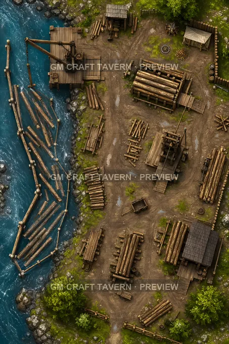 Aperçu de la battlemap du parc de tri et barrage à billes au bord de la rivière