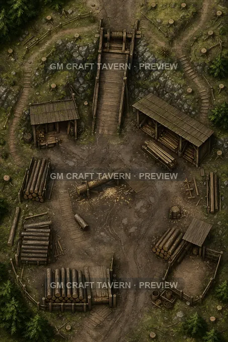 Aperçu de la battlemap « Camp de bûcherons à flanc de colline avec rampe de halage pour bœufs »