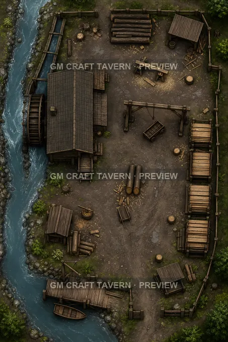 Aperçu de la battlemap de la cour de scierie hydraulique avec râteliers à planches