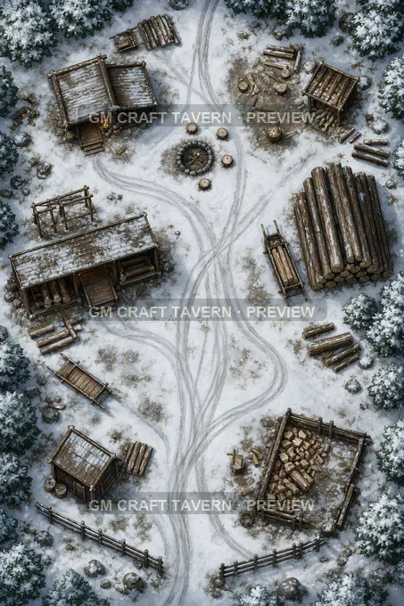 Aperçu de la battlemap du camp de bûcherons hivernal avec traces de traîneau et bois fendu