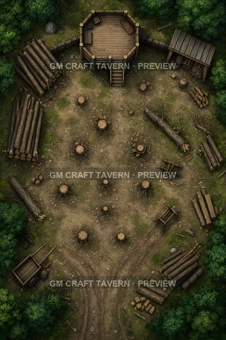 Aperçu de la battlemap « Guérite de garde surplombant une clairière jonchée de souches »
