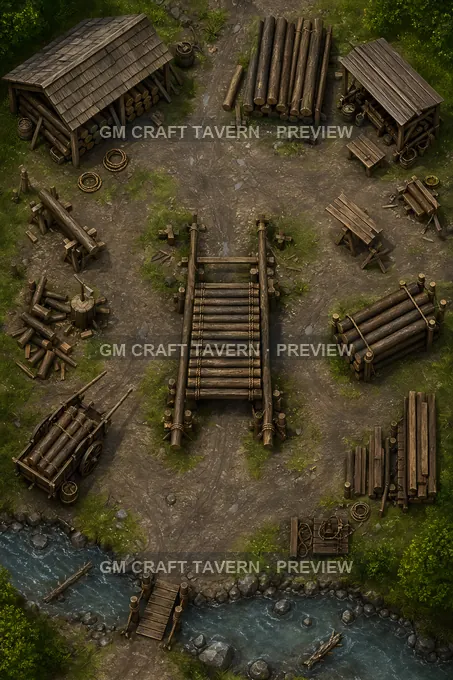 Aperçu de la battlemap « Chantier de construction d’un pont de rondins, avec poutres de rechange et rouleaux de corde »