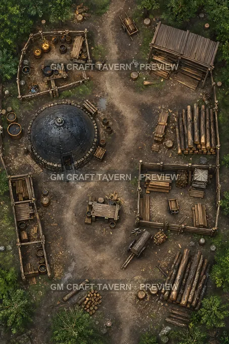 Aperçu de la battlemap du camp de résine de pin avec four à goudron et hangars à bois