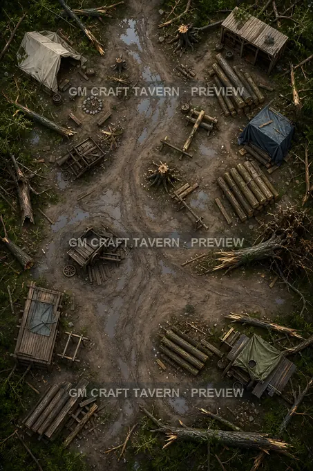 Aperçu de la battlemap « Site d’exploitation forestière ravagé par la tempête, avec troncs brisés et chemins boueux »