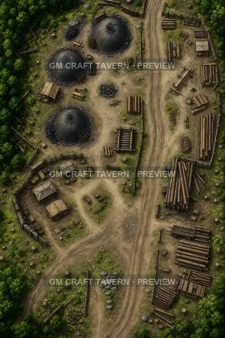 Aperçu de la battlemap « Camp de charbonniers en bordure de route forestière »