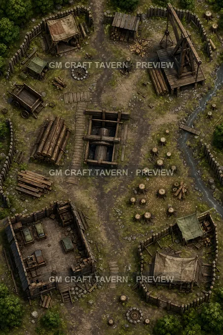 Aperçu de la battlemap « Camp de scierie abandonné, réoccupé avec des abris de fortune »