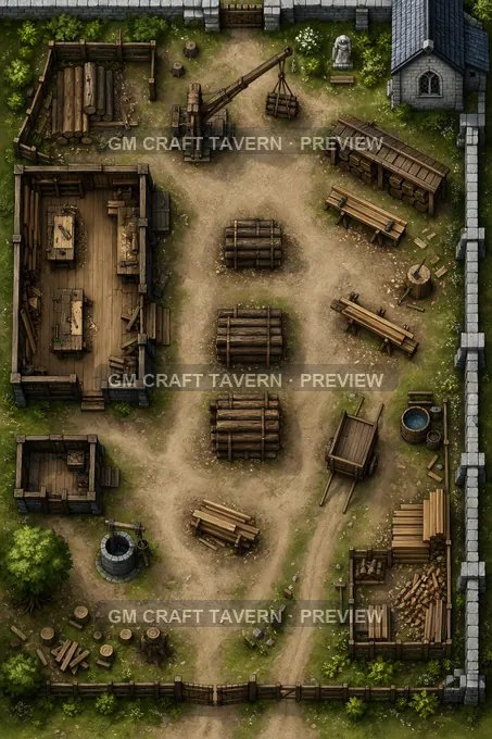 Aperçu de la battlemap « Parc à bois du monastère avec hangars de charpentiers »