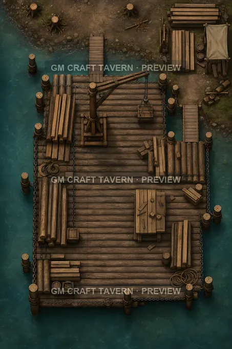 Aperçu de la battlemap du quai flottant à grumes avec perches et grue de chargement