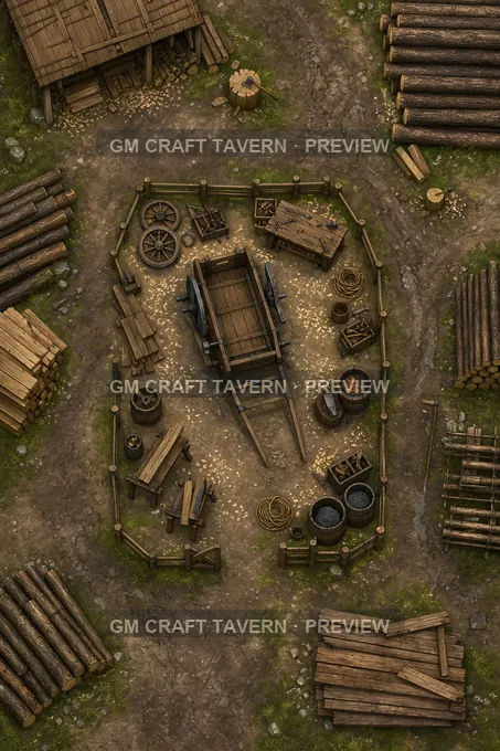 Aperçu de la battlemap « Coin de réparation des chariots dans un camp de bûcherons animé »