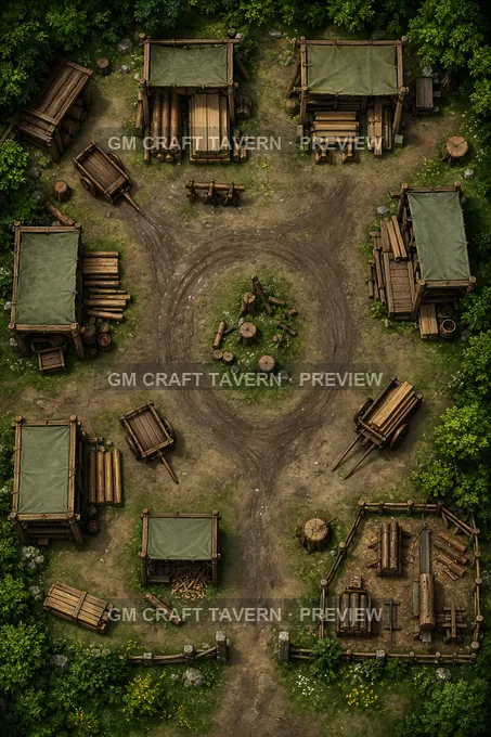 Aperçu de la battlemap « Place du marché du bois avec étals de poutres et aire de manœuvre pour les charrettes »