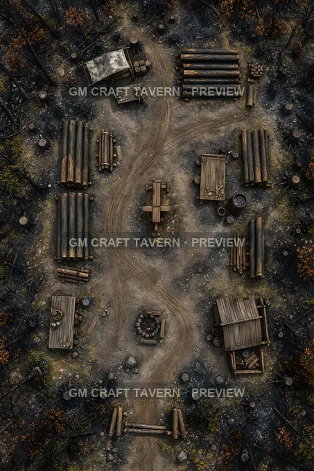 Aperçu de la battlemap « Camp de récupération de bois en forêt brûlée avec rangées de troncs triés »