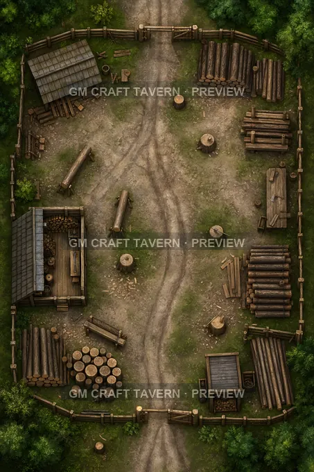 Aperçu de la battlemap « Parc à bois d’un domaine, avec taillis clôturés et râteliers à outils »
