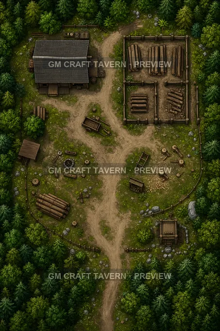 Aperçu de la battlemap « Poste de forestiers au cœur de la forêt, avec grange de ravitaillement et enclos à rondins »
