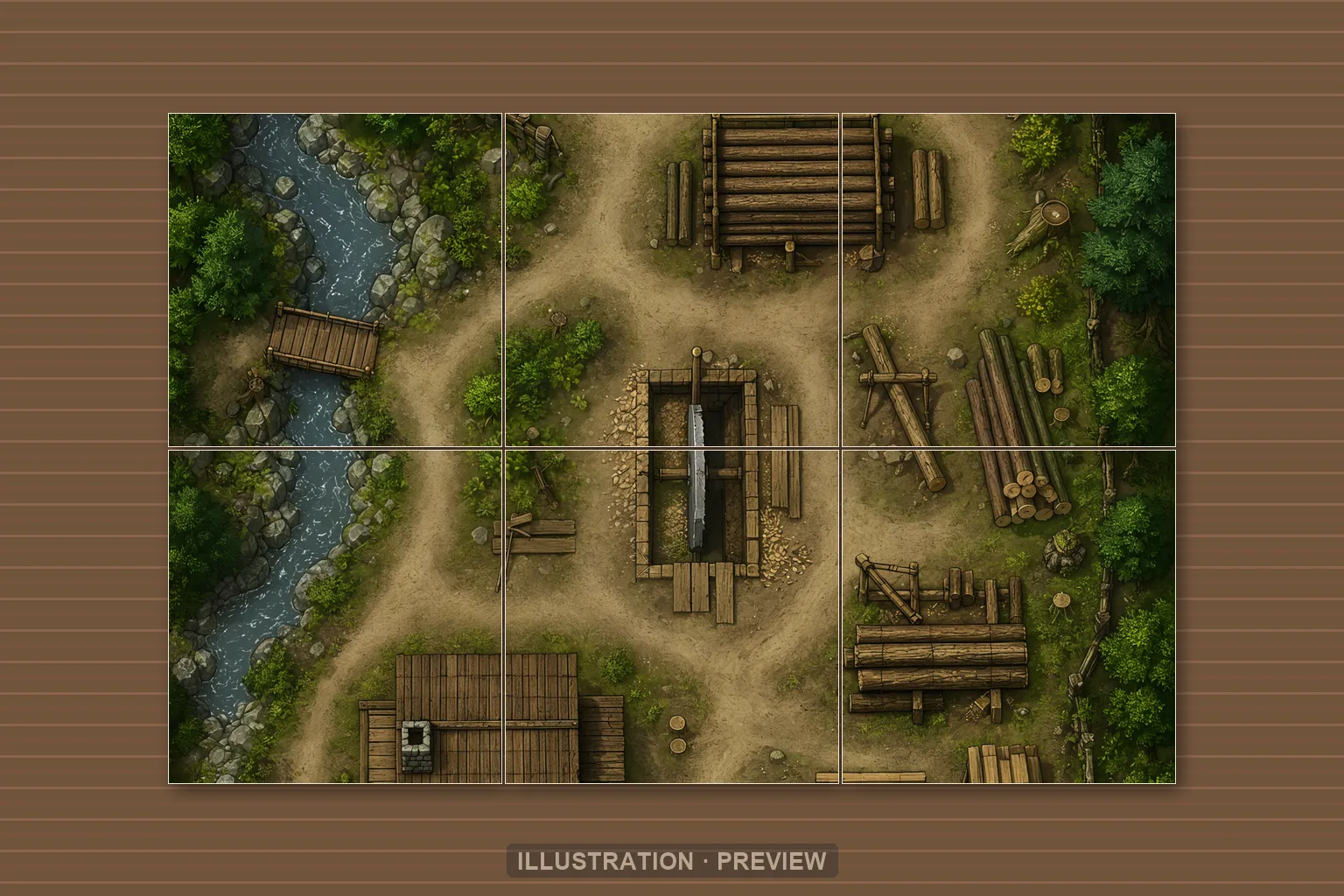 Illustration d’une battlemap disposée sur six feuilles imprimées sur une table