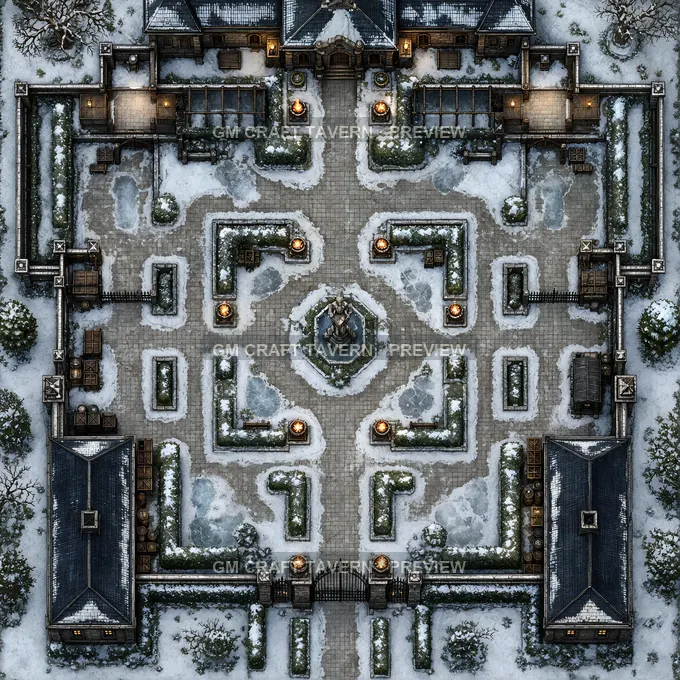 Winter Manor Court With Braziers And Snow Shoveled Paths battlemap preview