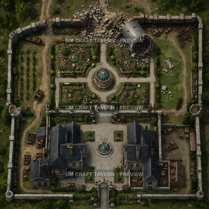 Breached Estate Wall With Toppled Tower And Rose Walk battlemap preview