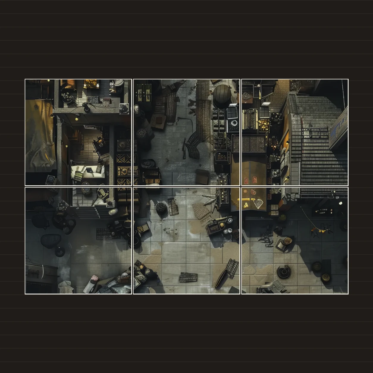 Illustration of a battlemap arranged on six printed sheets on a tabletop