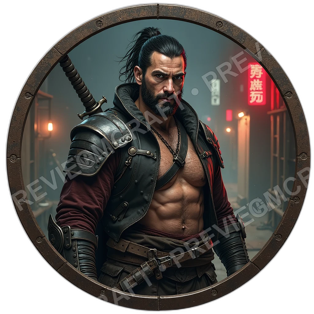 Half Plated Samurai, Monofilament Katana, Ocular Targeting Array, Burn Scar Across Chest, Reinforced Heavy Boots, Mercenaries, ,Older Adult Age,1.8,, 0001 top-down token preview