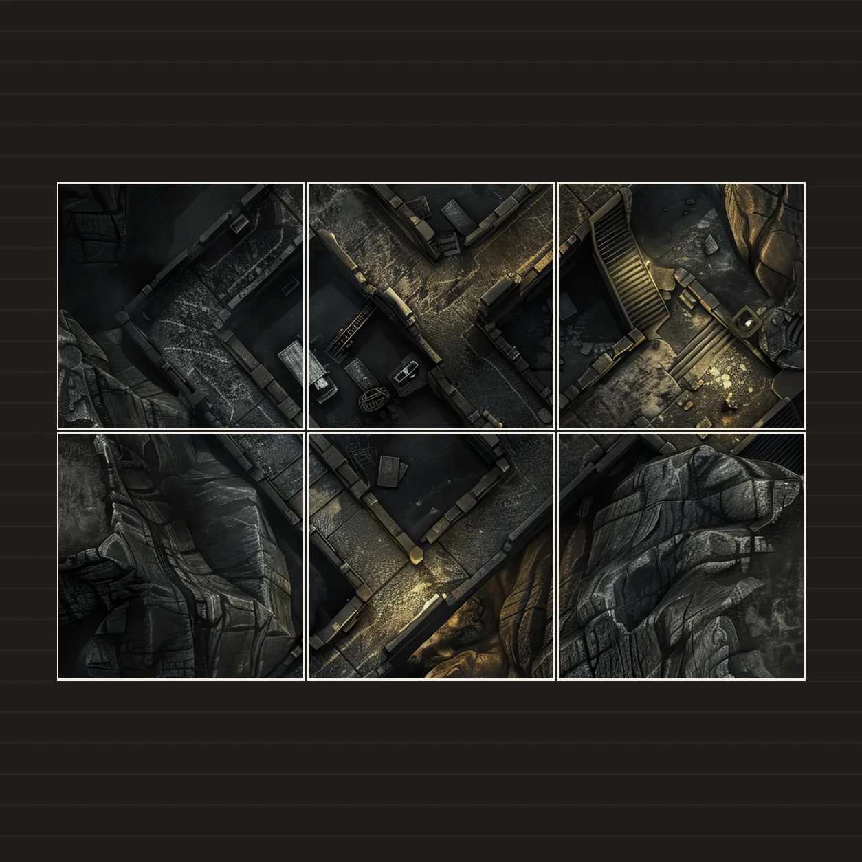 Illustration of a battlemap arranged on six printed sheets on a tabletop