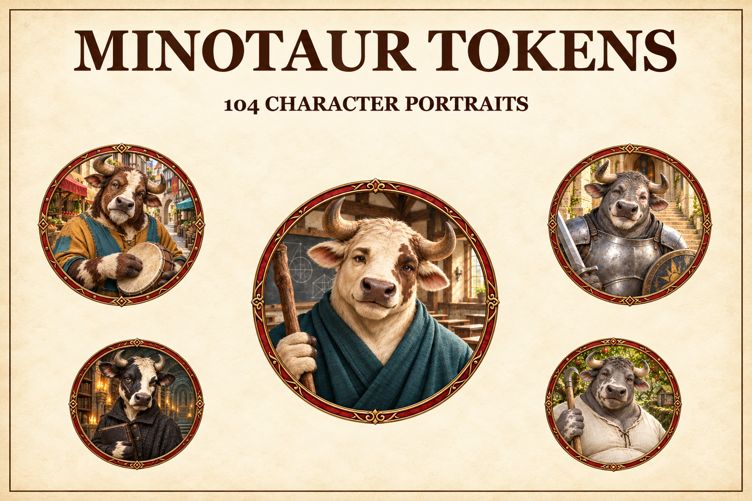 104 Tokens de personnages minotaures — Portraits fantasy