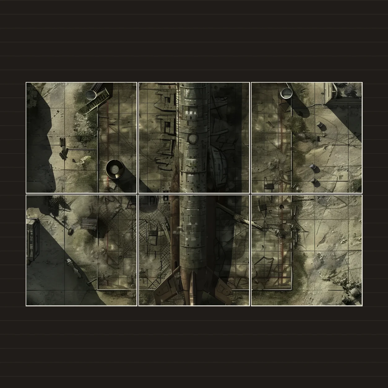 Illustration d’une battlemap disposée sur six feuilles imprimées sur une table