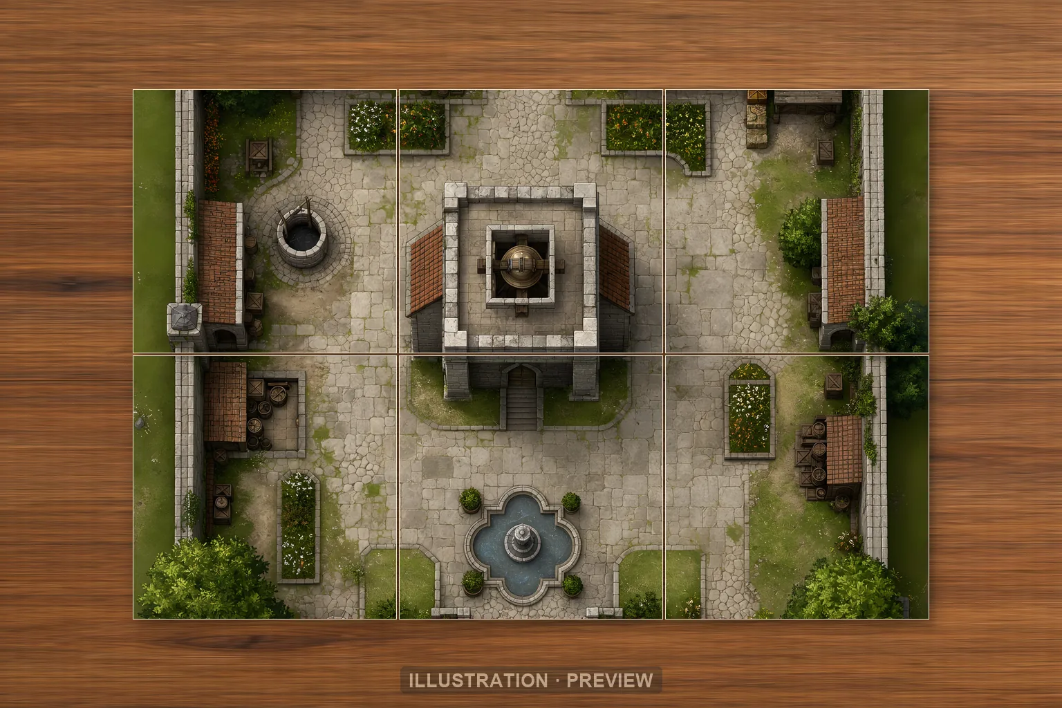 Illustration of a battlemap arranged on six printed sheets on a tabletop