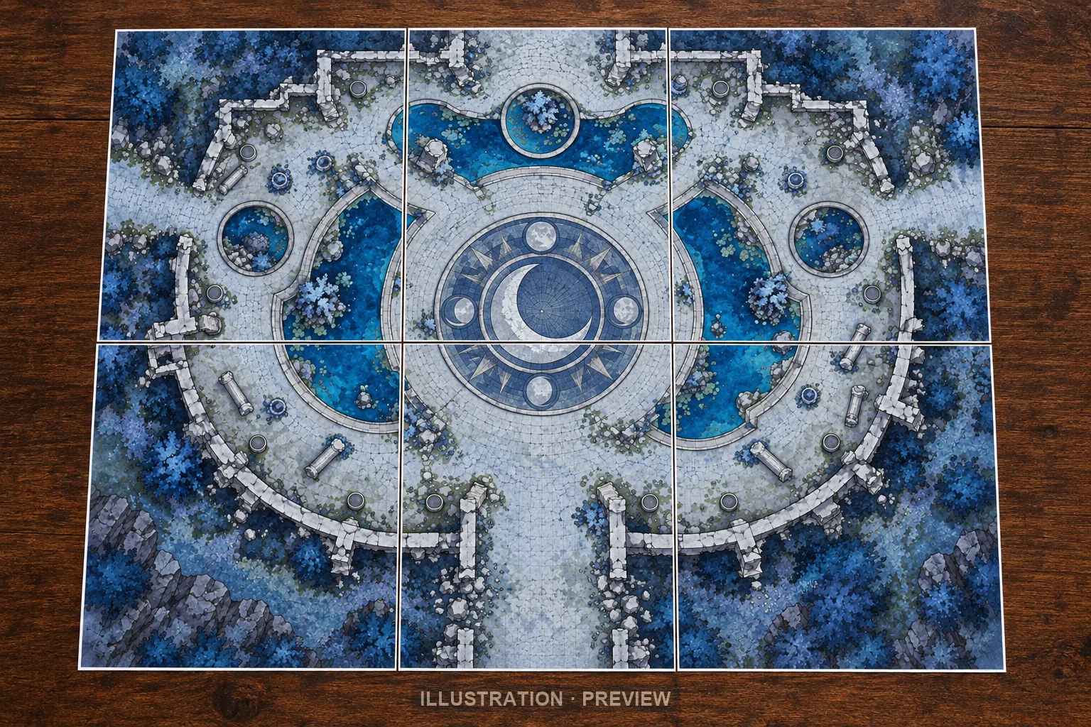 Illustration of a battlemap arranged on six printed sheets on a tabletop