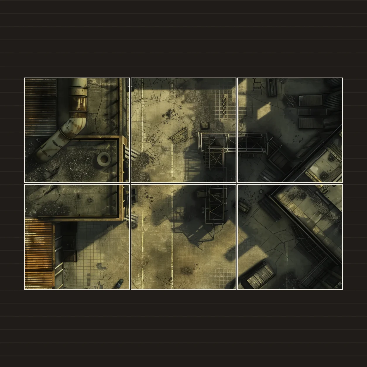 Illustration d’une battlemap disposée sur six feuilles imprimées sur une table