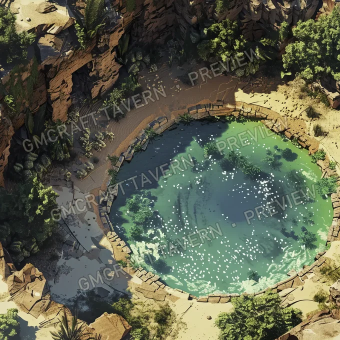Oasis enchantée — aperçu de la battlemap d’une oasis paisible