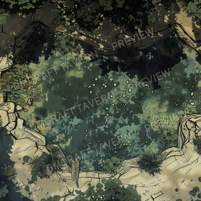 Oasis enchantée — aperçu de la battlemap d’une oasis paisible