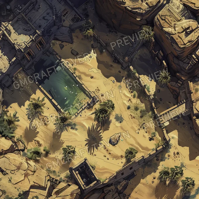 Oasis des nomades — aperçu de la battlemap d’une oasis cachée dans T