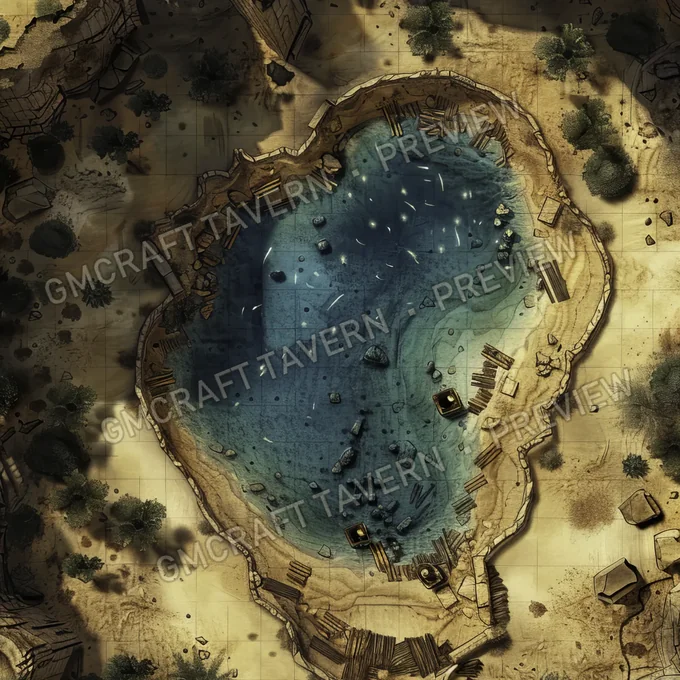 Aperçu de la battlemap d’une oasis dans un désert post-apocalyptique