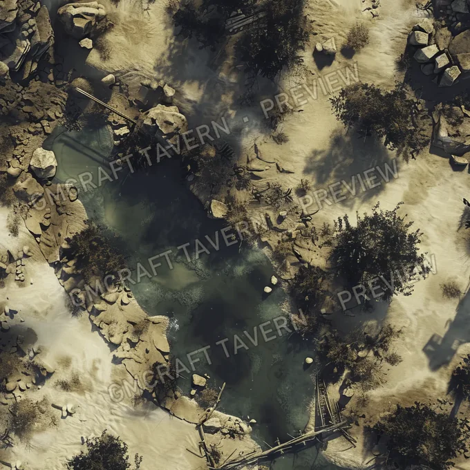 Aperçu de la battlemap d’une oasis dans un désert post-apocalyptique