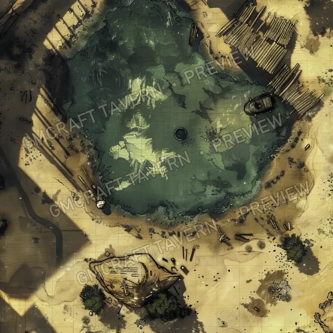 Aperçu de la battlemap d’une oasis dans un désert post-apocalyptique