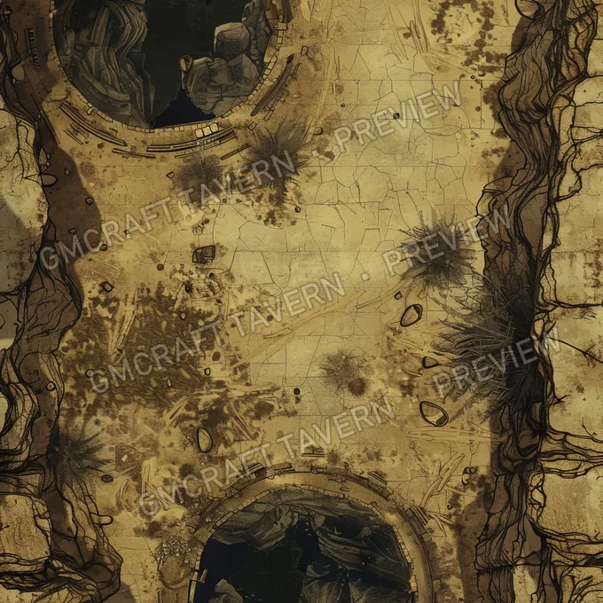Aperçu de la battlemap d’une oasis dans un désert post-apocalyptique