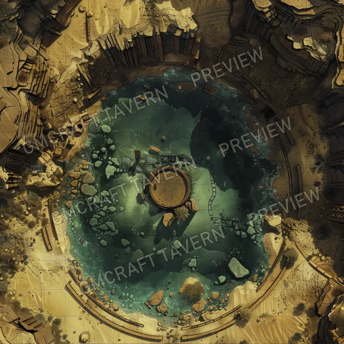 Aperçu de la battlemap d’une oasis dans un désert post-apocalyptique