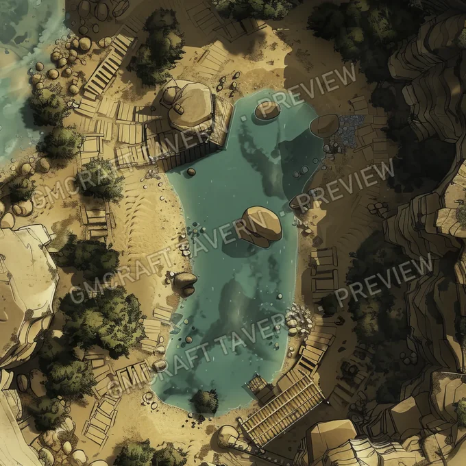 Aperçu de la battlemap d’une oasis dans un désert post-apocalyptique