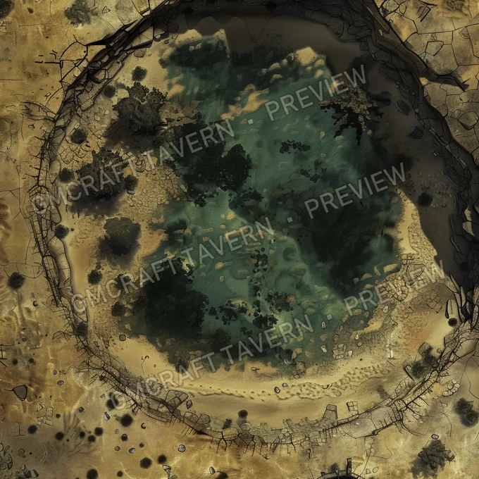 Aperçu de la battlemap d’une oasis dans un désert post-apocalyptique
