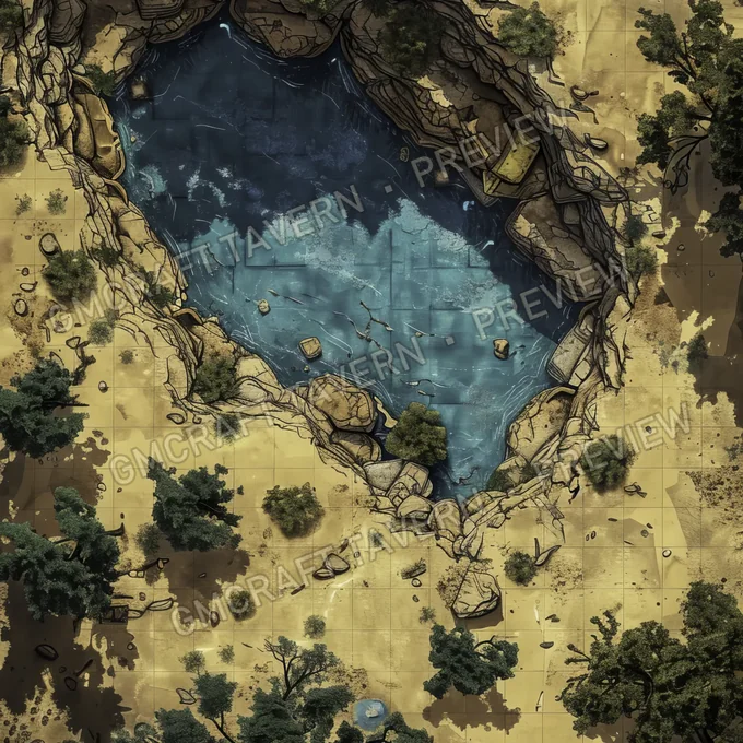Aperçu de la battlemap d’une oasis dans un désert post-apocalyptique