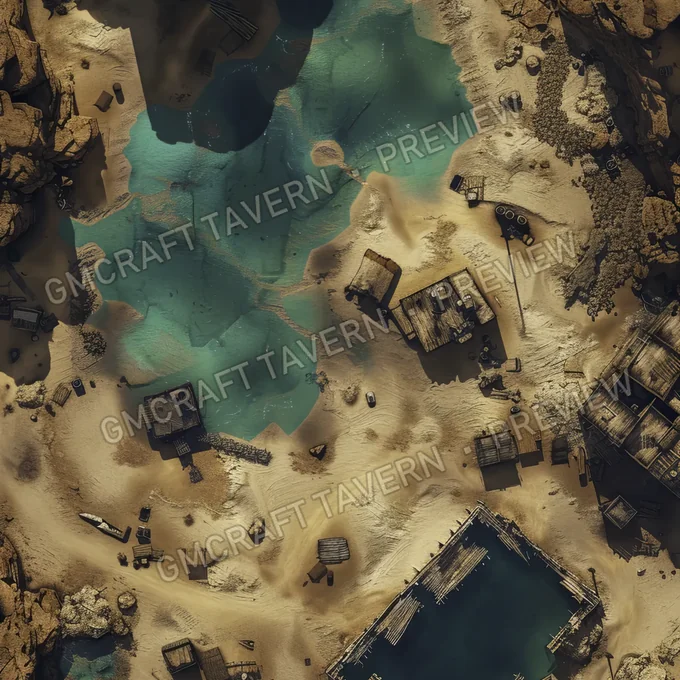 Aperçu de la battlemap d’une oasis dans un désert post-apocalyptique