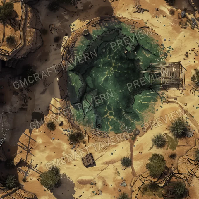 Aperçu de la battlemap d’une oasis dans un désert post-apocalyptique