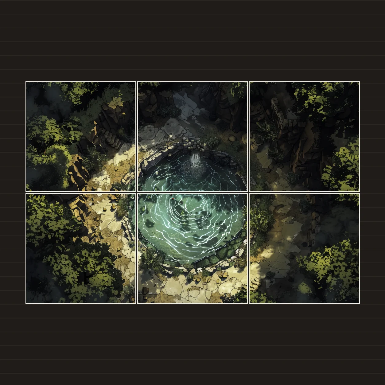 Illustration d’une battlemap disposée sur six feuilles imprimées sur une table