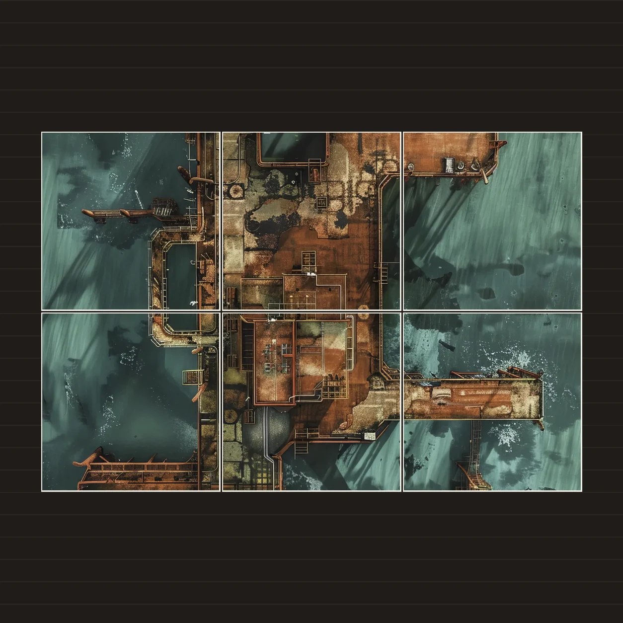 Illustration d’une battlemap disposée sur six feuilles imprimées sur une table