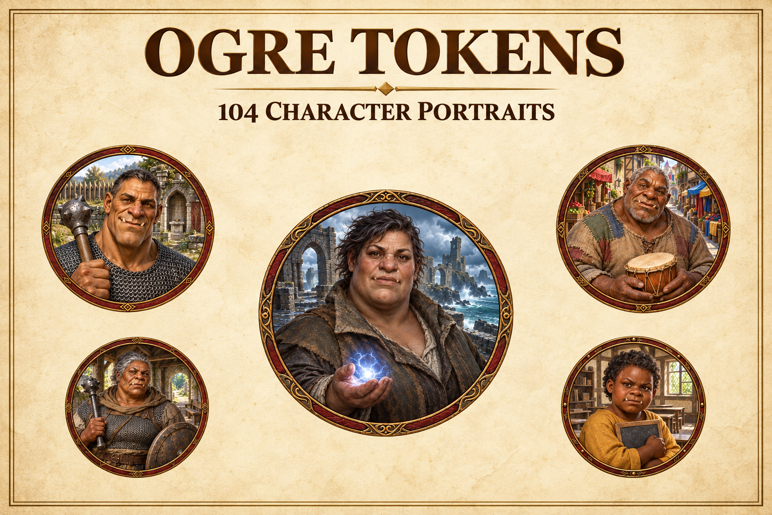 104 tokens de personnages ogres — portraits fantasy